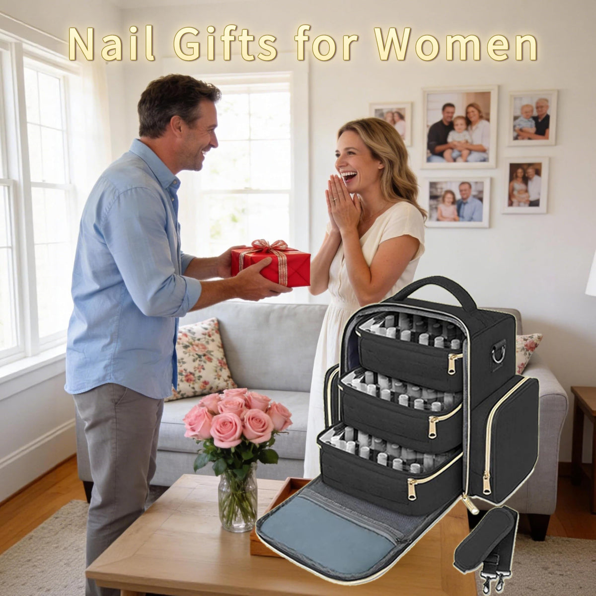 YOREPEK open interior with three removable pouches holding rows of polish bottles securely