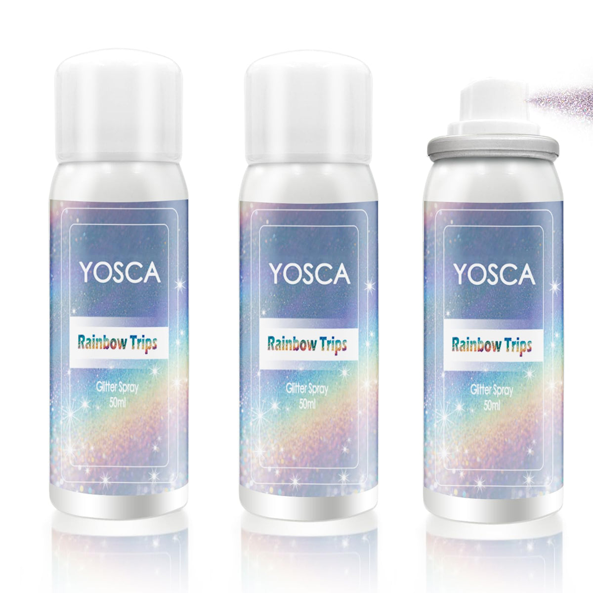 Yosca front packaging trio showing three travel glitter sprays for portable sparkle