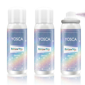 Yosca front packaging trio showing three travel glitter sprays for portable sparkle