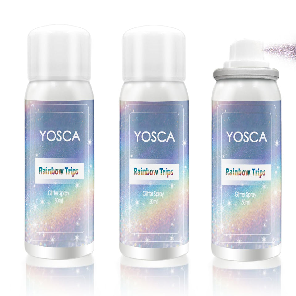 Yosca front packaging trio showing three travel glitter sprays for portable sparkle