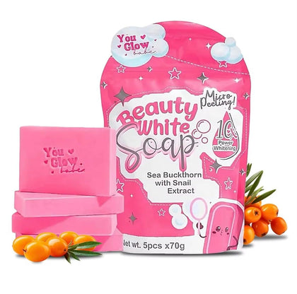You Glow Babe front packaging showing five boxed 70g soap bars and product benefits