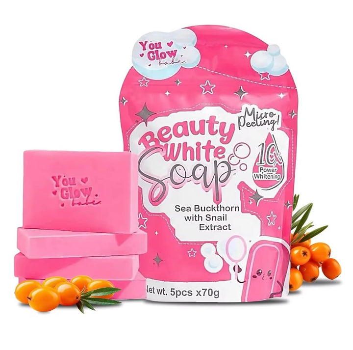 You Glow Babe front packaging showing five boxed 70g soap bars and product benefits