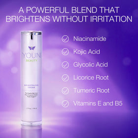 YOUN Beauty ingredient display with licorice and kojic acid highlighting targeted brightening