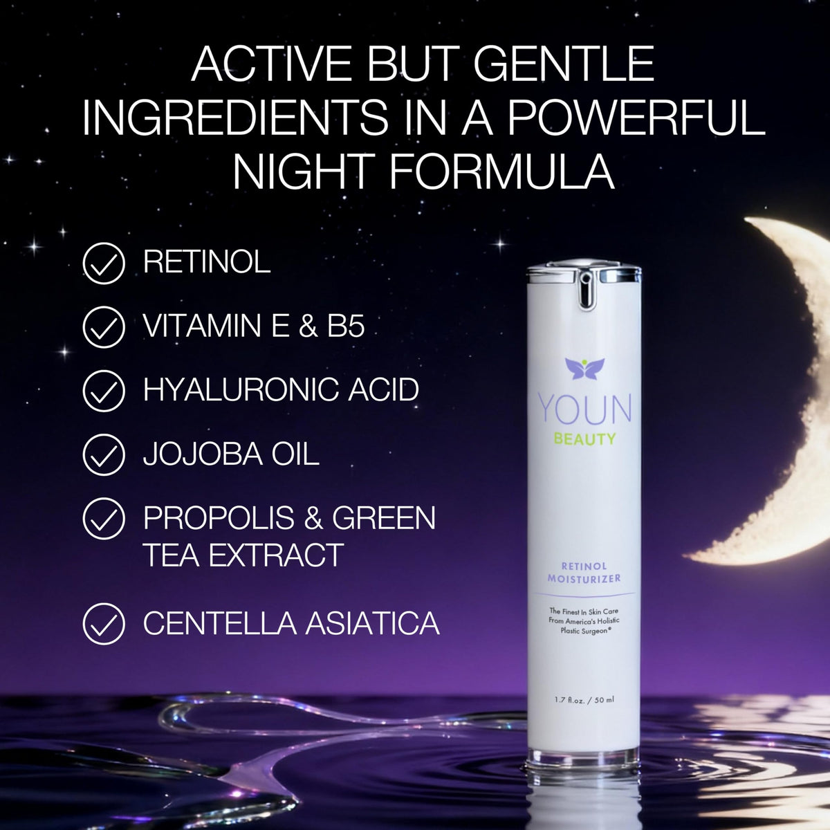 YOUN Beauty ingredients flatlay with hyaluronic acid and vitamins showing antioxidant support
