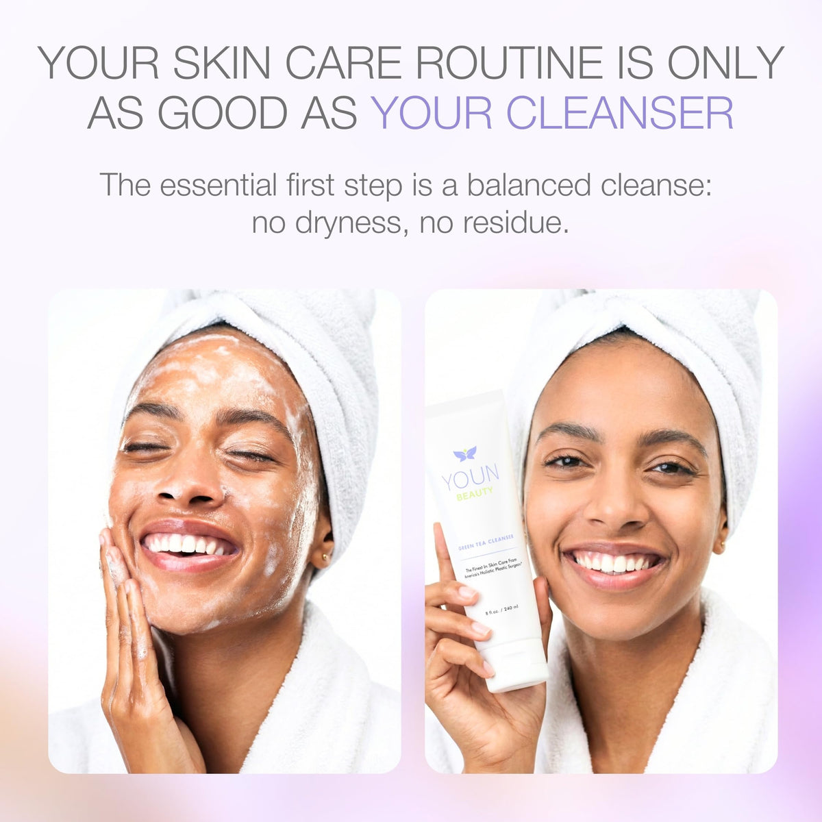 YOUN Beauty green tea and aloe ingredients highlighting calming antioxidants