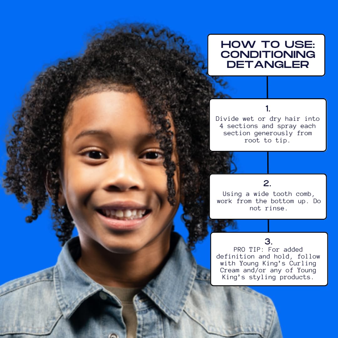 YOUNG KING HAIR CARE in-use detangling on a child, shows reduced pulling and smoother curls