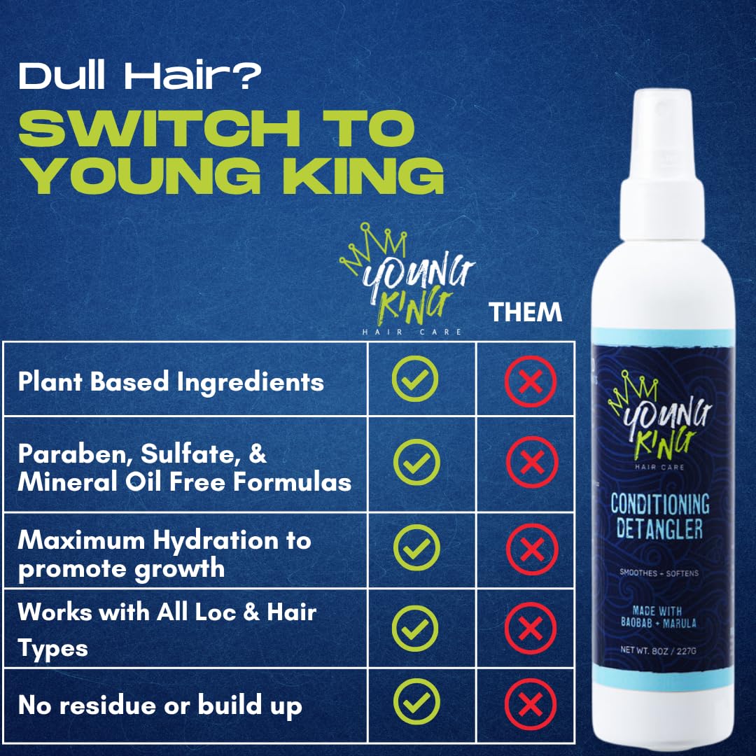 YOUNG KING HAIR CARE size comparison with everyday objects, clarifies the compact 8 oz bottle