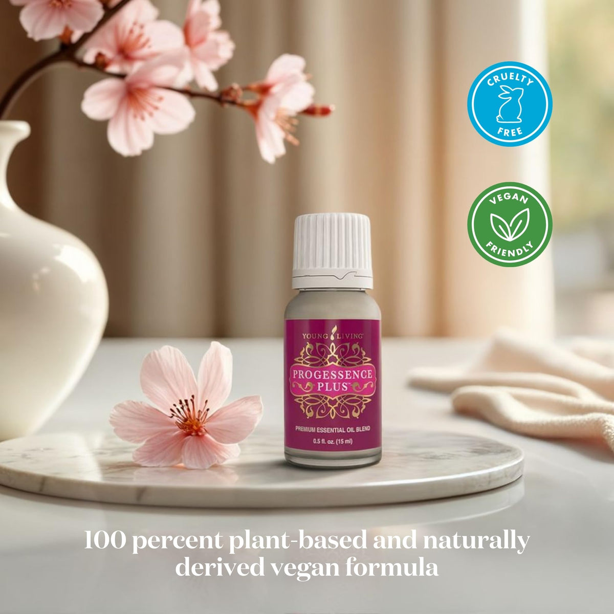 Young Living Progressence Serum on vanity in a bathroom routine scene suggesting daily wellness benefit