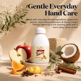 Close-up of Thieves foam texture from Young Living showing airy lather for easy spread and rinse