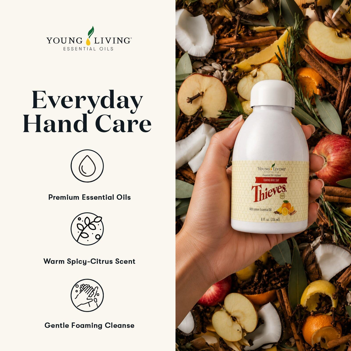 8 fl oz Young Living Thieves bottle next to soap dispenser showing compact size and countertop fit