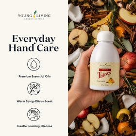 8 fl oz Young Living Thieves bottle next to soap dispenser showing compact size and countertop fit