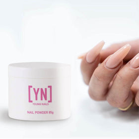 Young Nails powder next to hand for scale showing 85g quantity and long-lasting supply