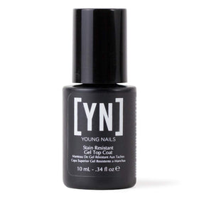 Young Nails bottle front view showing clear stain-resistant top coat benefit