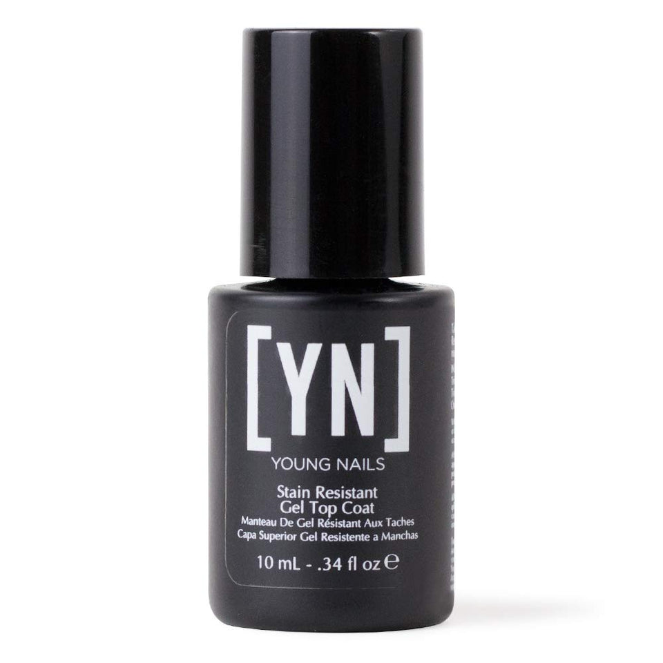 Young Nails bottle front view showing clear stain-resistant top coat benefit