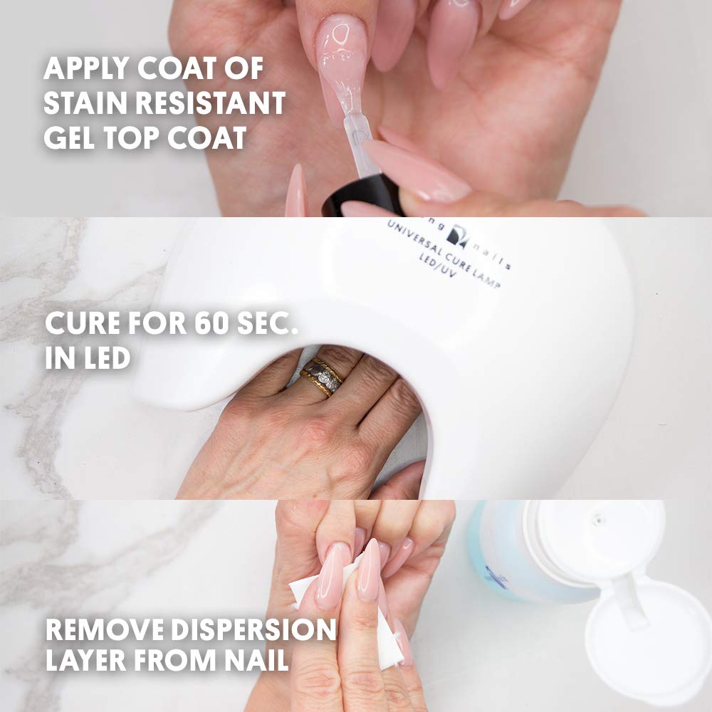 Young Nails application brush spreading top coat for even seal and fast cure