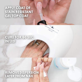 Young Nails application brush spreading top coat for even seal and fast cure