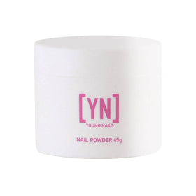 Young Nails jar front view showing white powder and clear branding, professional presentation