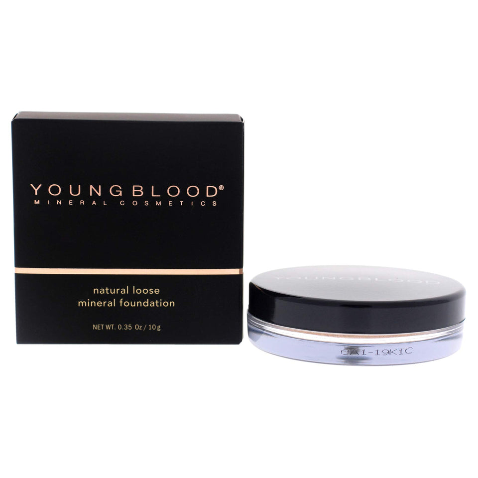 Youngblood neutral loose mineral foundation front packaging showing product and balanced matte finish