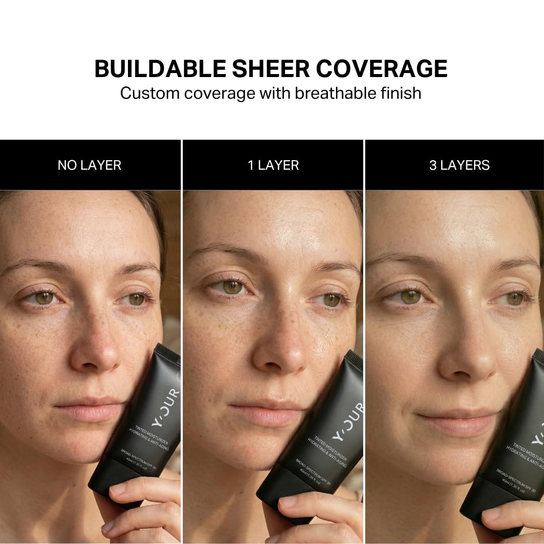 Y'OUR applying tinted moisturizer to hand demonstrating sheer coverage