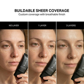 Y'OUR applying tinted moisturizer to hand demonstrating sheer coverage