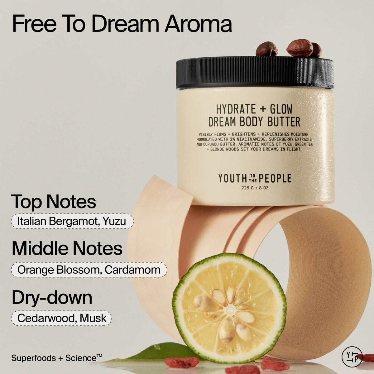 Youth To The People cupuaçu and jojoba butters display highlighting nourishing ingredients