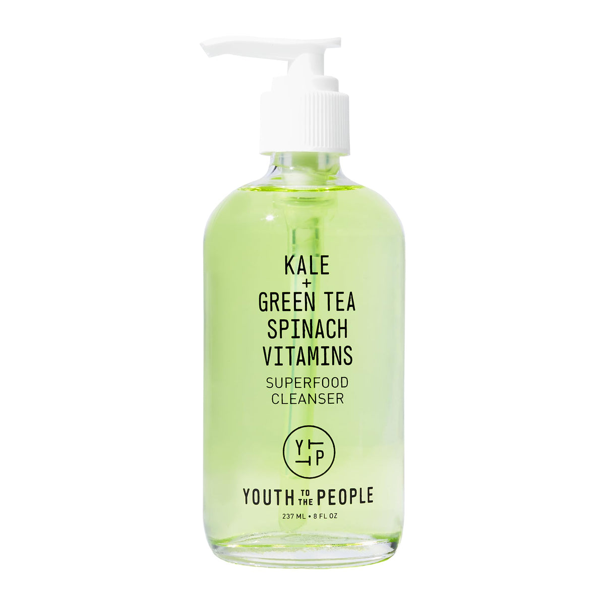 Youth To The People front bottle showing label and eco-friendly glass packaging benefit