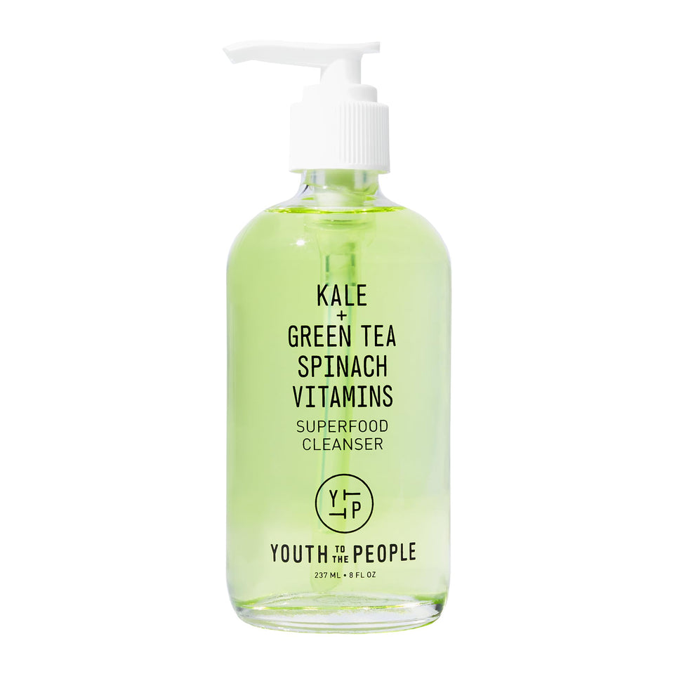 Youth To The People front bottle showing label and eco-friendly glass packaging benefit