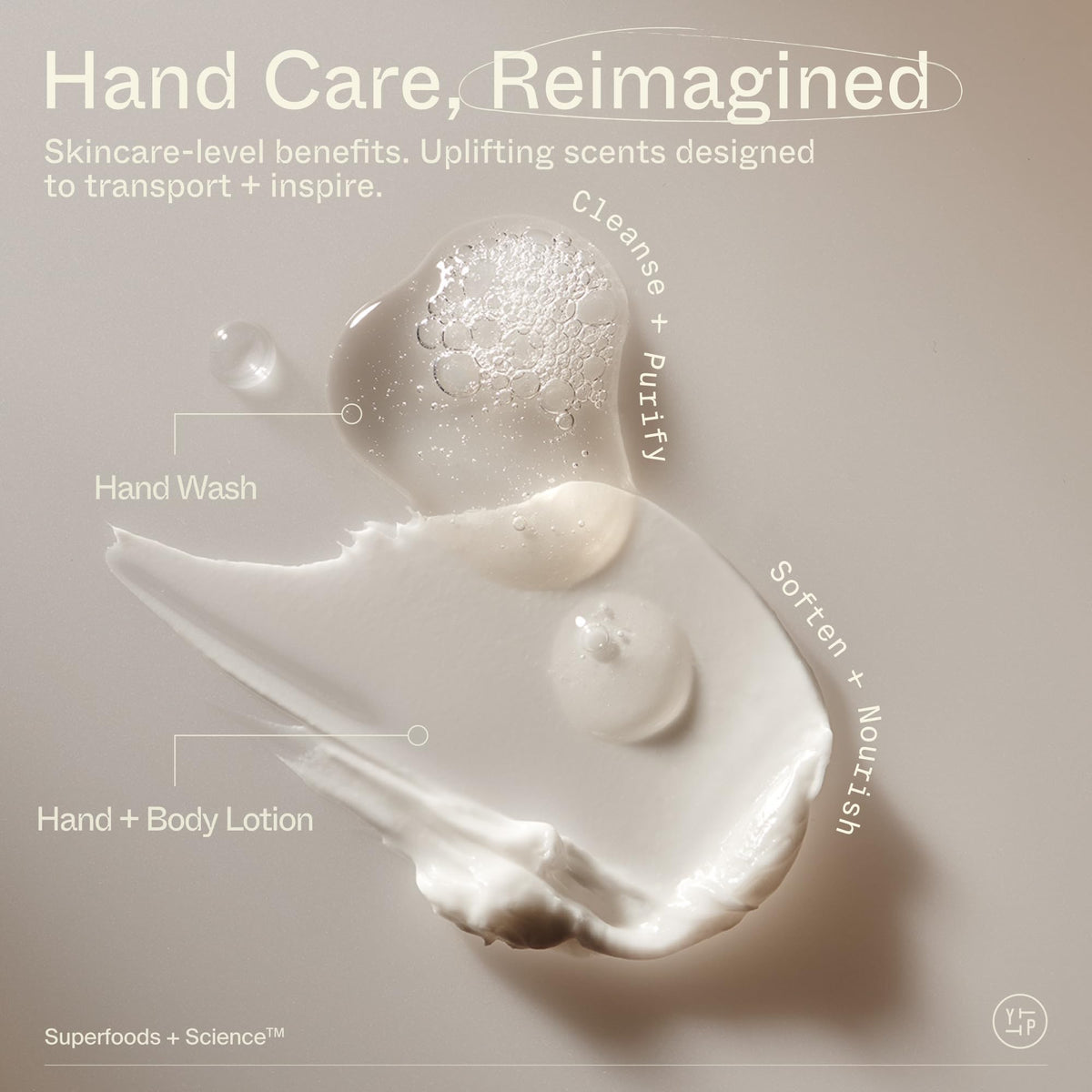Youth To The People bottle next to a hand illustrating the 13.1 fl oz scale and value