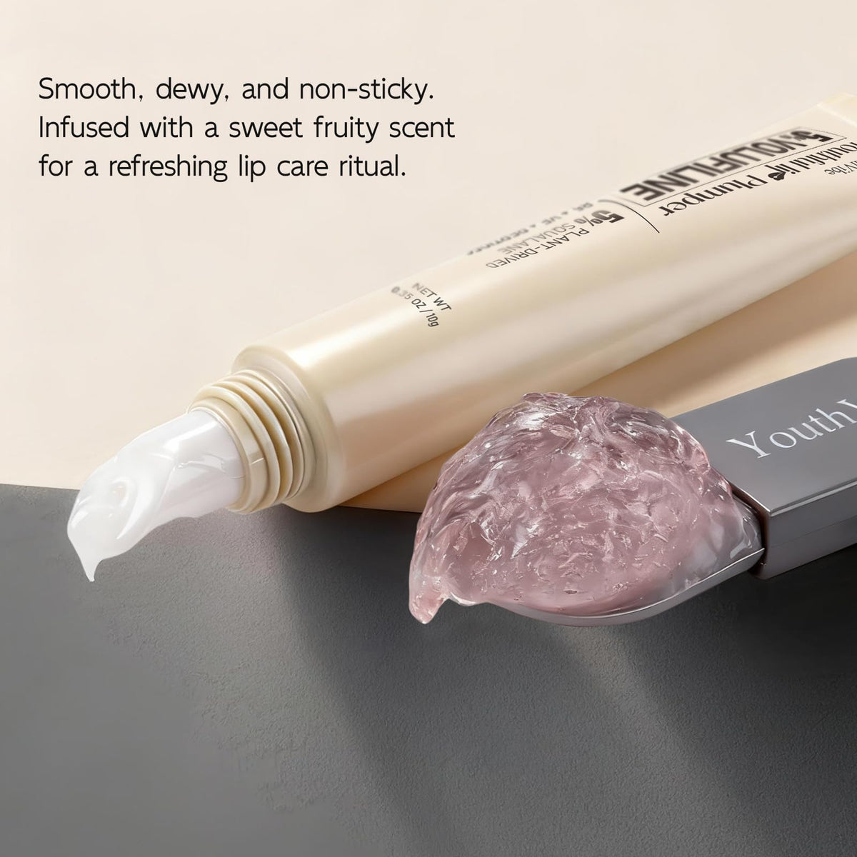 YouthVibe model wearing gloss in lifestyle shot showing natural shine and fuller-look benefit