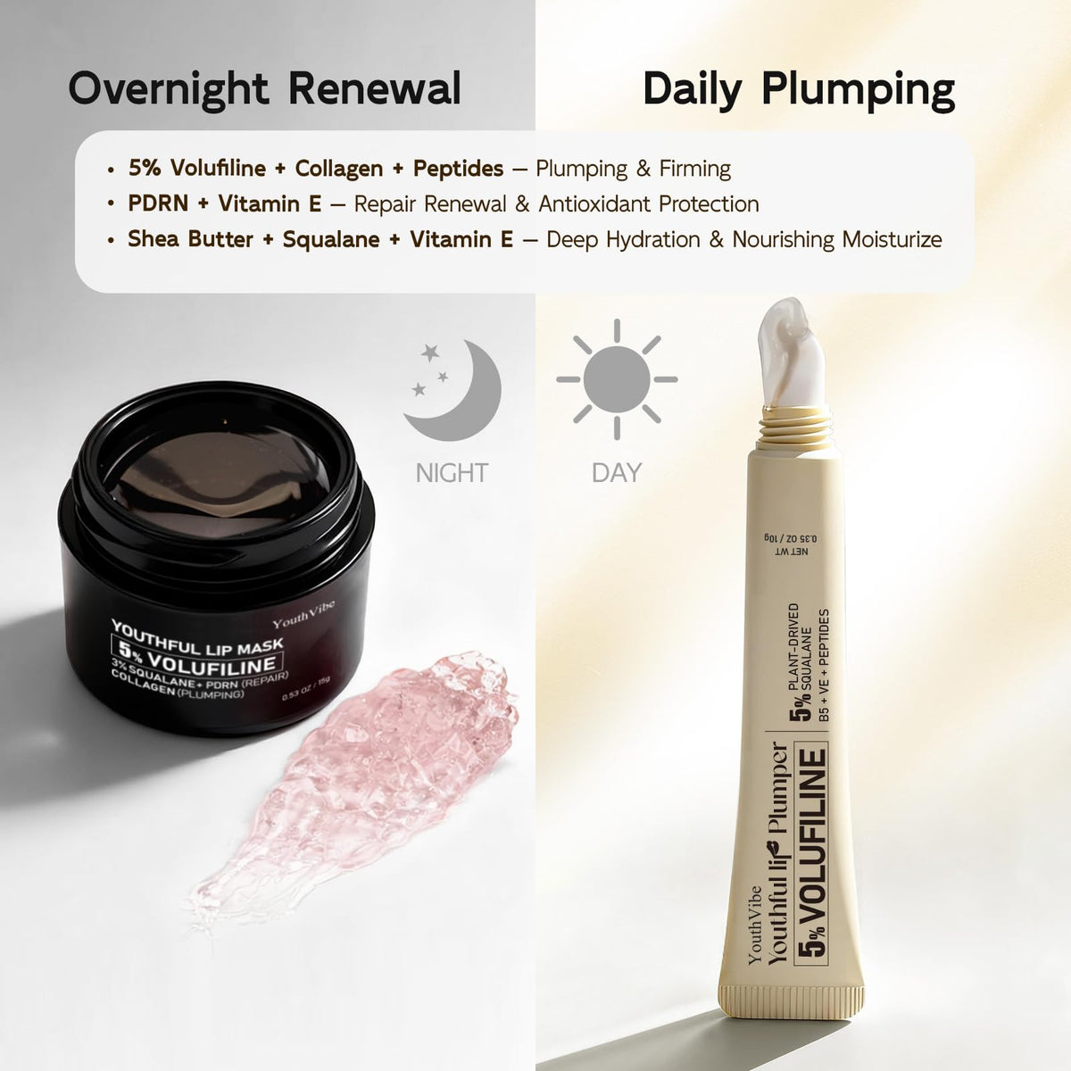 YouthVibe overnight lip mask jar close-up showing creamy texture and soothing benefit