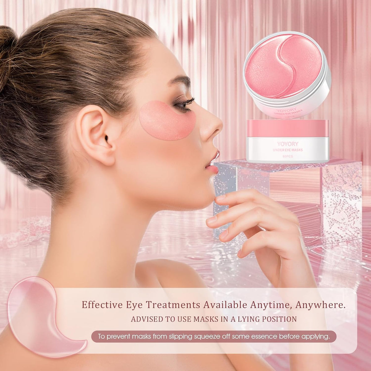 YOYORY patch applied under eye demonstrating cooling de-puffing benefit