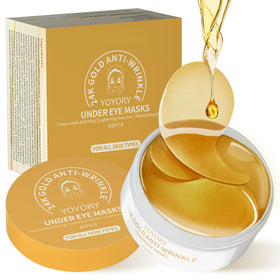 YOYORY front jar packaging showing gold hydrogel patches and travel-ready design benefit