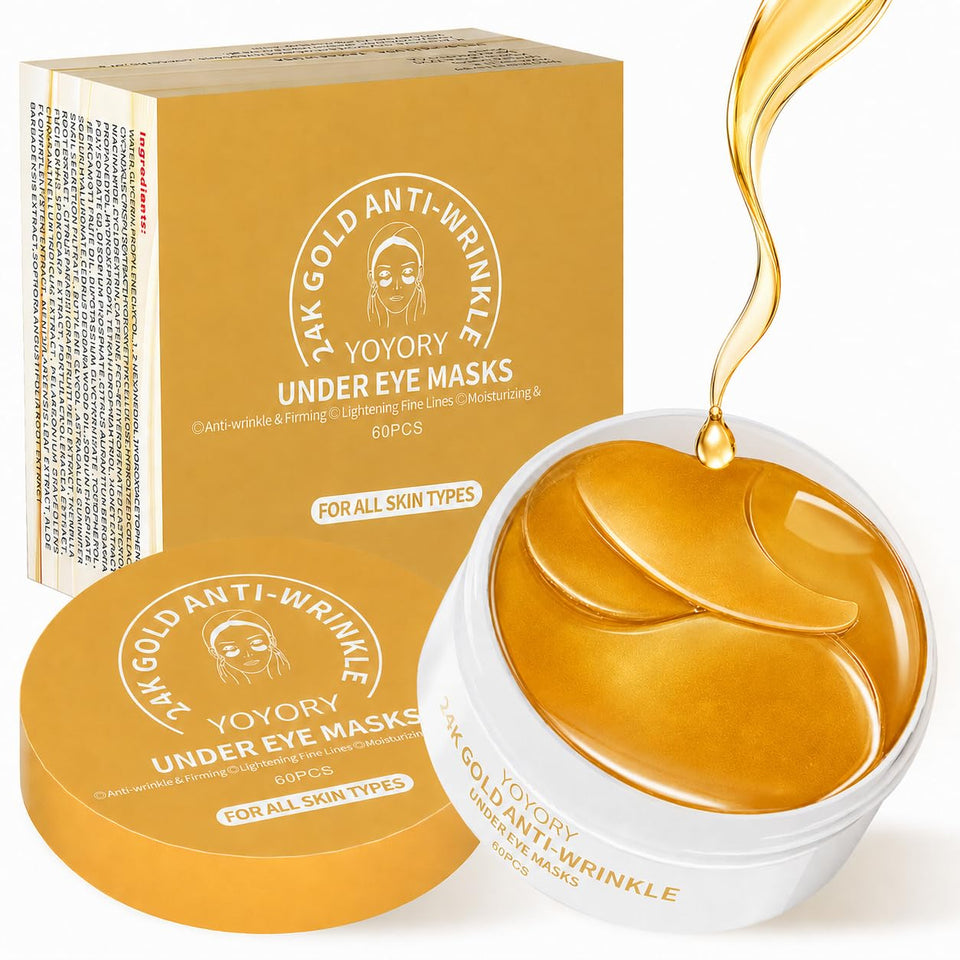 YOYORY front packaging showing gold hydrogel eye patches and benefits