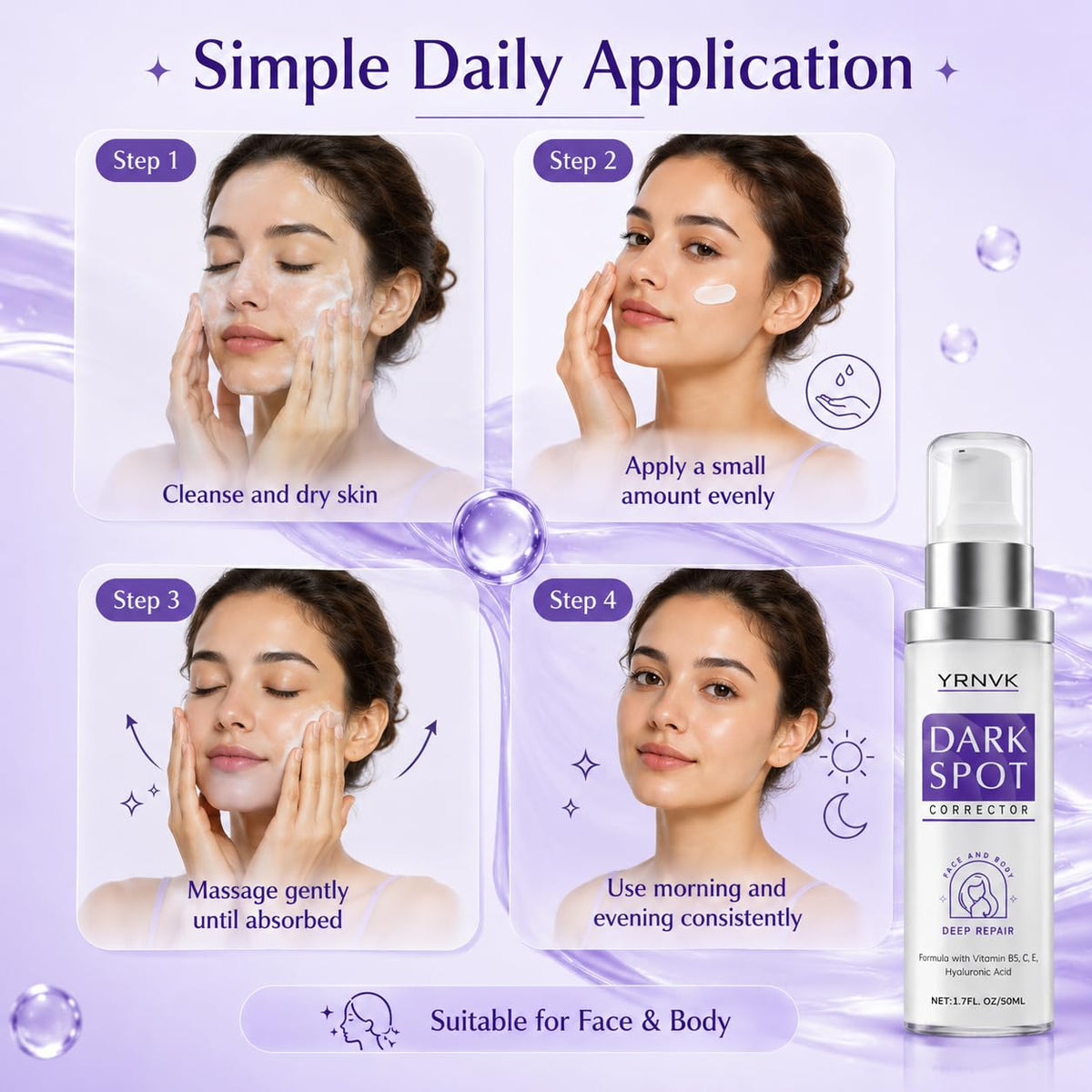 YRNVK being applied to face to reduce dark spots and even tone