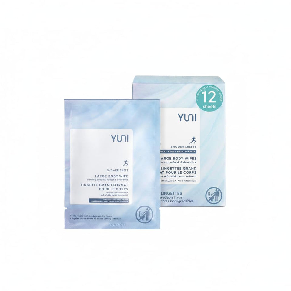 YUNI Beauty front packaging showing compostable wipes and benefits