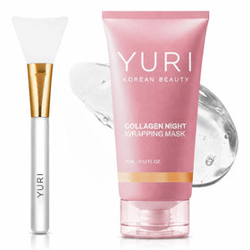 YURI BEAUTY front packaging showing collagen overnight jar and clear benefits