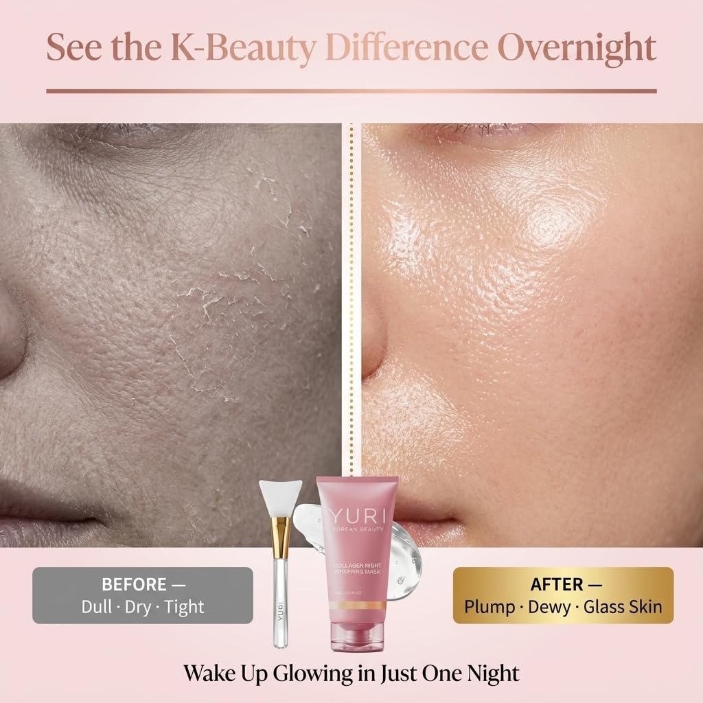 YURI GLOW ingredients display collagen and hyaluronic visuals for deep hydration