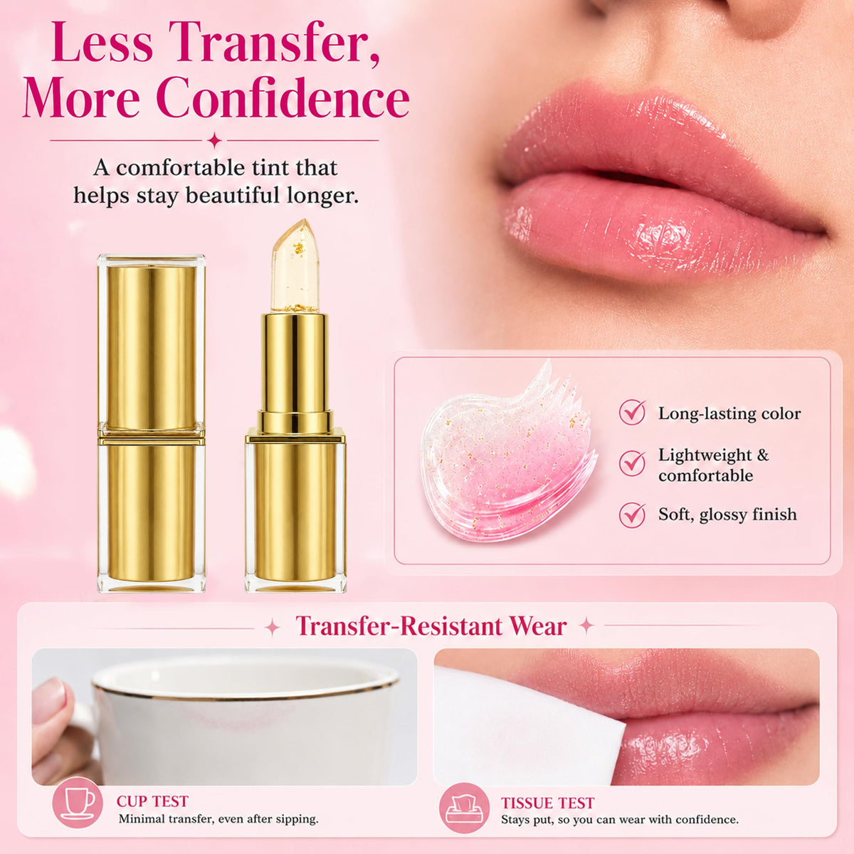 Yurisphere lipstick applied on lips demonstrating glossy finish and comfort