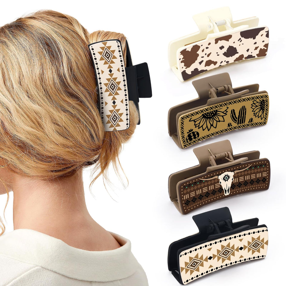 Yussti front view of four western claw clips showing designs and gift-ready packaging