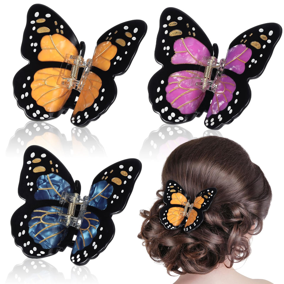 Yuxung front view of three butterfly clips showing colors and packaging, stylish accent