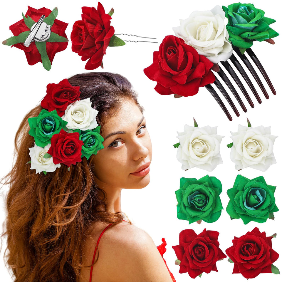 Yuxung front view of seven-piece rose comb set showing colors and arrangement, ideal for fiestas
