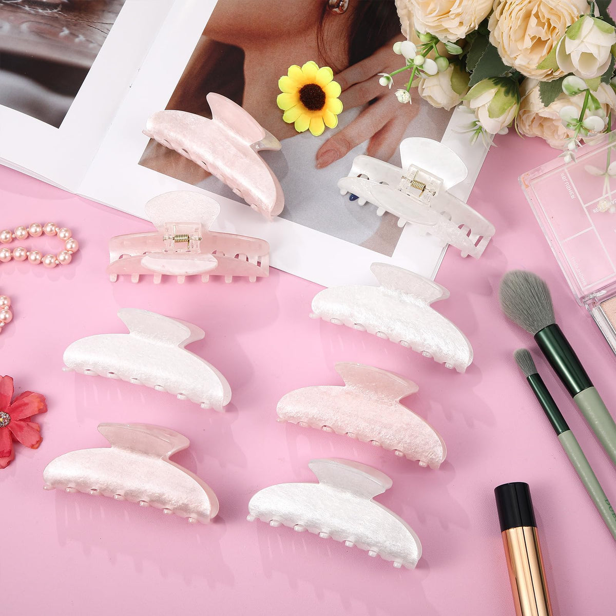 Yuxung clips styled on nightstand in bedroom highlighting pretty translucent colors for outfits