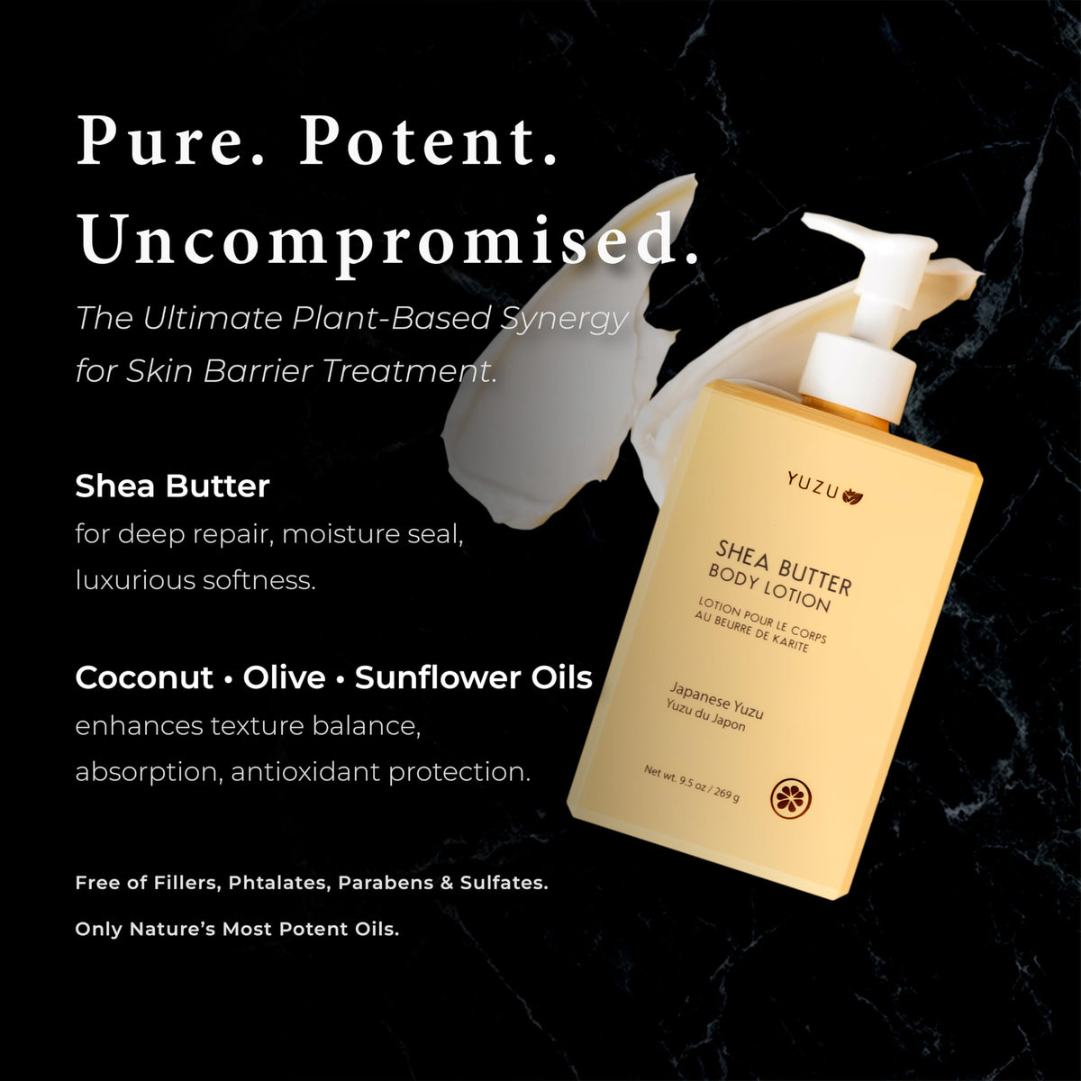 YUZU close-up of shea butter texture emphasizing rich moisturization and skin-softening action