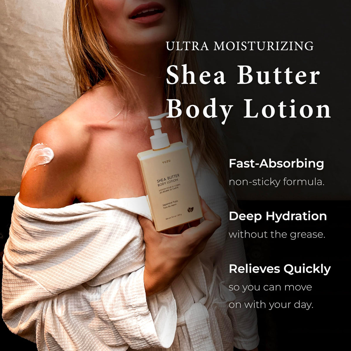 YUZU pump dispensing lotion texture demonstrating lightweight, fast-absorbing hydration benefit