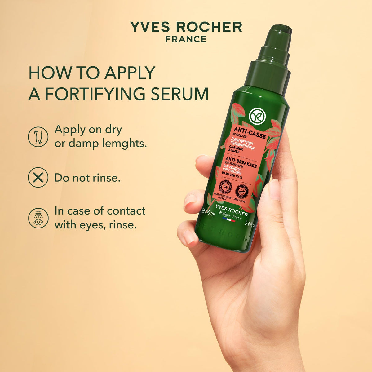 Yves Rocher applying serum to damp hair to protect from heat and smooth strands benefit