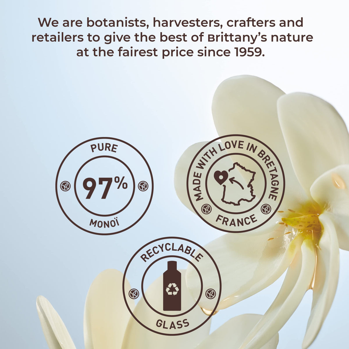 Yves Rocher label close-up emphasizing Monoi and tiare flower botanical ingredients