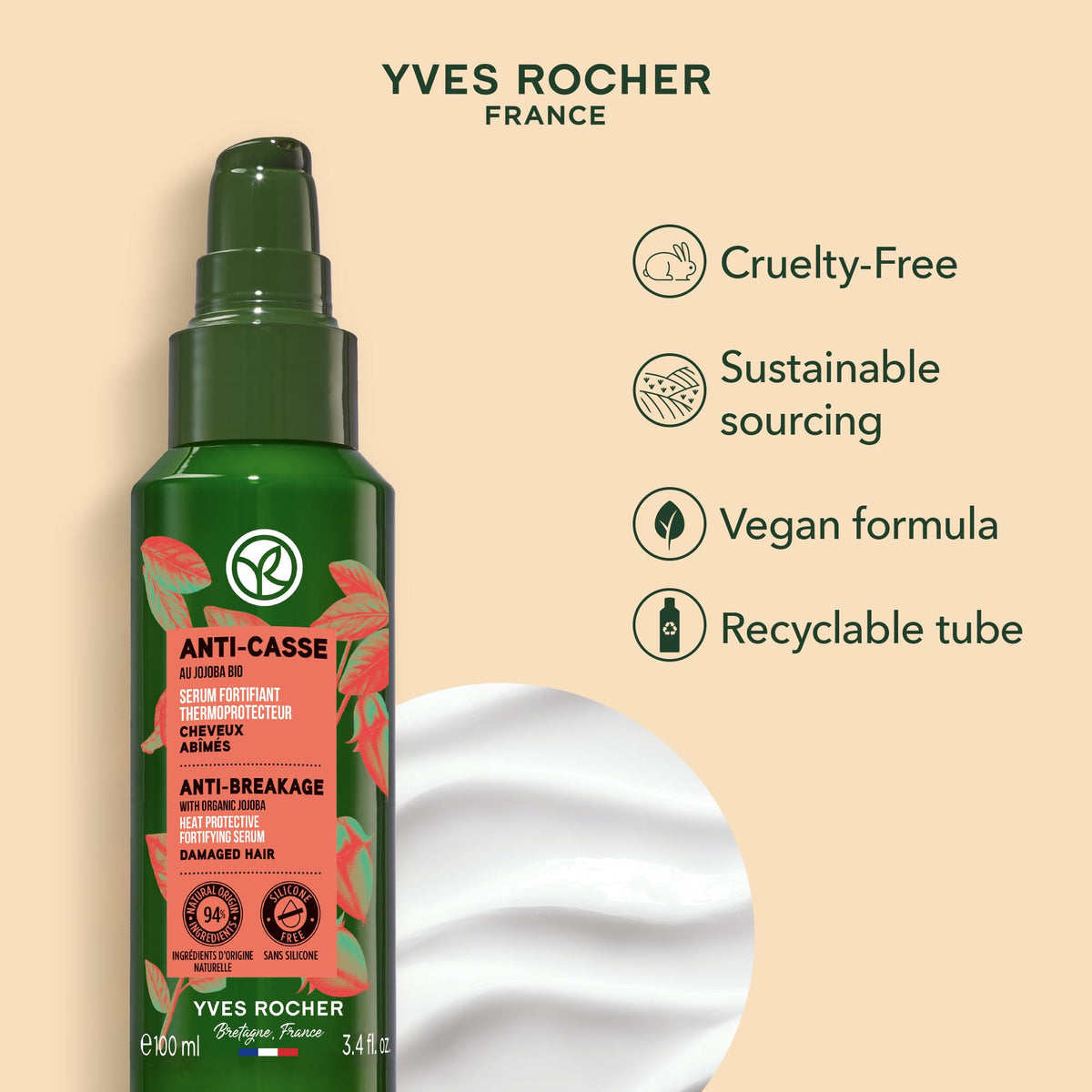 Yves Rocher bottle next to ruler showing 100ml size and travel-friendly benefit