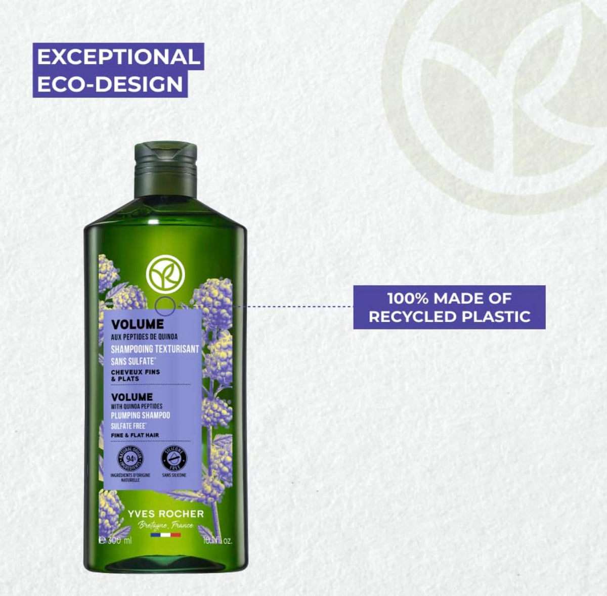 Yves Rocher bottle beside quinoa plant highlighting key ingredient and natural volumizing benefit