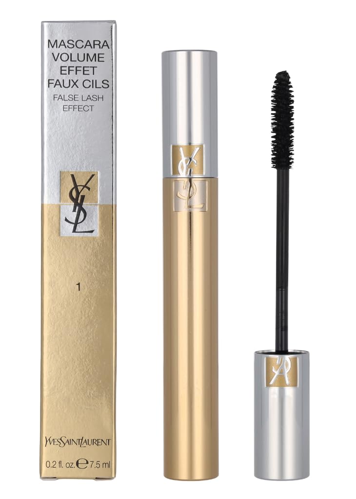 Yves Saint Laurent mascara front packaging showing compact elegant tube and logo for luxury appeal
