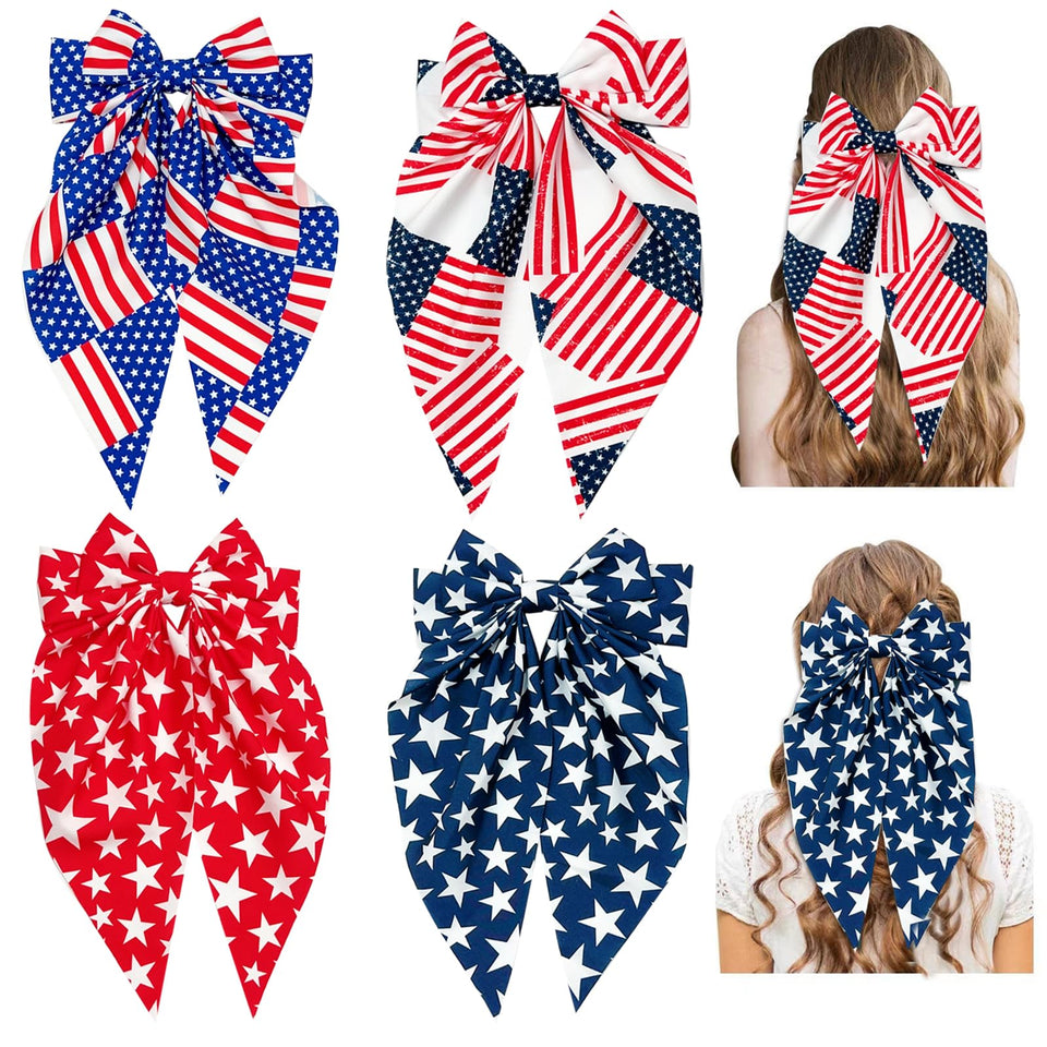 YWAOAIJD front view of four patriotic red white blue bows showing vibrant colors and shape